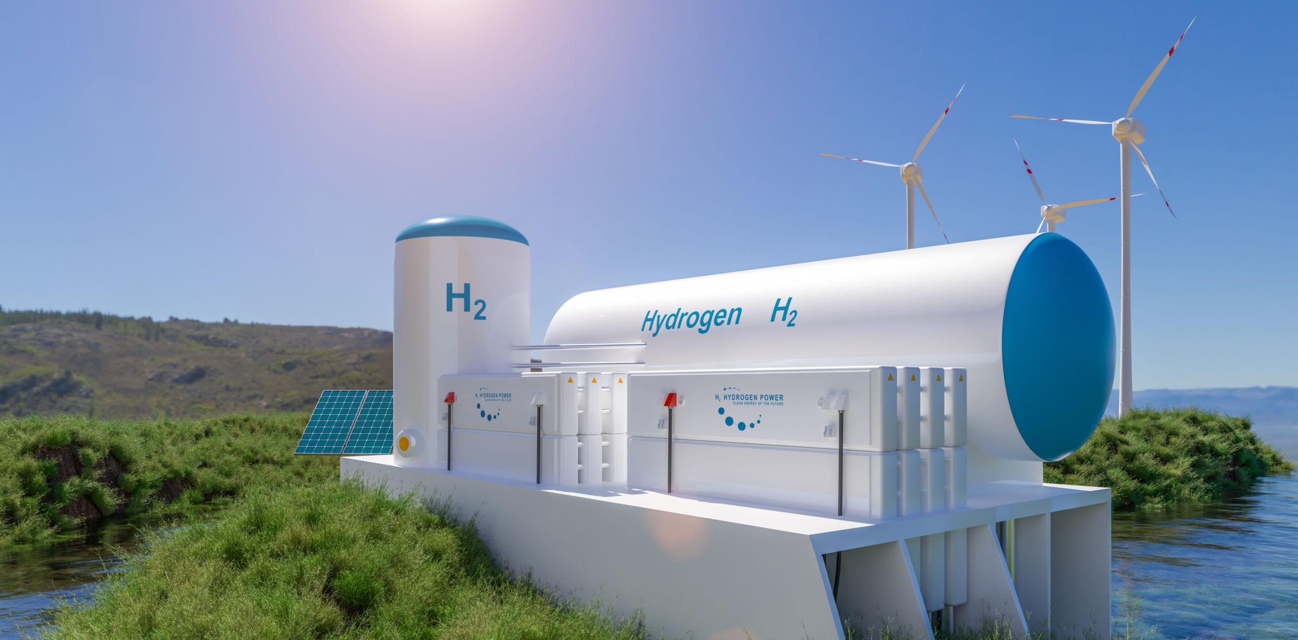 Hydrogen renewable energy production - hydrogen gas for clean electricity solar and windturbine facility. 3d rendering.